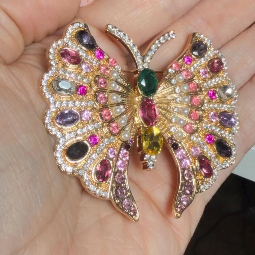 Butterfly Brooch Multicolor Rhinestone Statement Pin 2.75 Inch - Picture 6 of 6